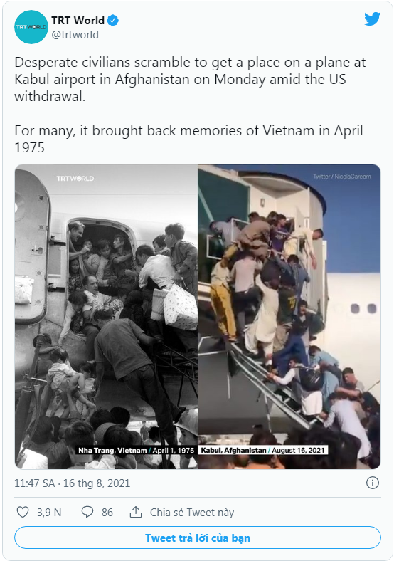 "Bức hình ấn tượng": dân mạng so sánh cuộc di tản của người Mỹ khỏi Kabul với Sài Gòn