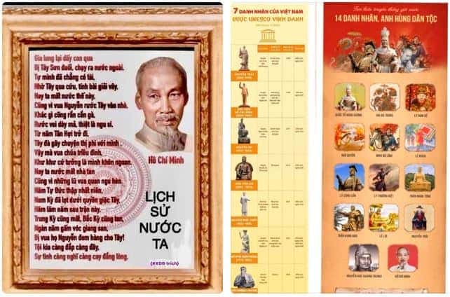 A portrait of Ho Chi Minh with a framed background and a poetic quote in Vietnamese.