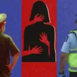 Police officer and woman silhouette with red hands during night scene.
