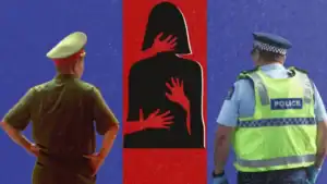 Police officer and woman silhouette with red hands during night scene.