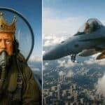 Crown-wearing pilot flying fighter jet at high altitude in sky.