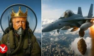 Crown-wearing pilot flying fighter jet at high altitude in sky.